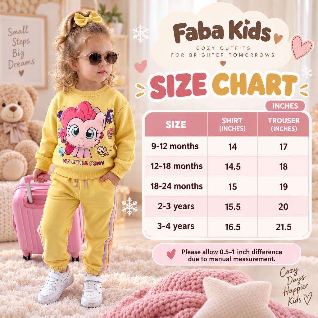 Size chart for the girls pony print sweatshirt and trouser set, showing sizes 12–18 months to 4–5 years with shirt and trouser lengths in inches.
