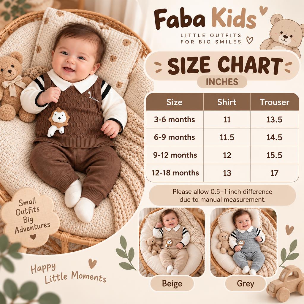 Faba Kids size chart for boys lion shirt and trouser set, showing 3–6 to 12–18 month measurements in inches and beige, grey and brown colour options.