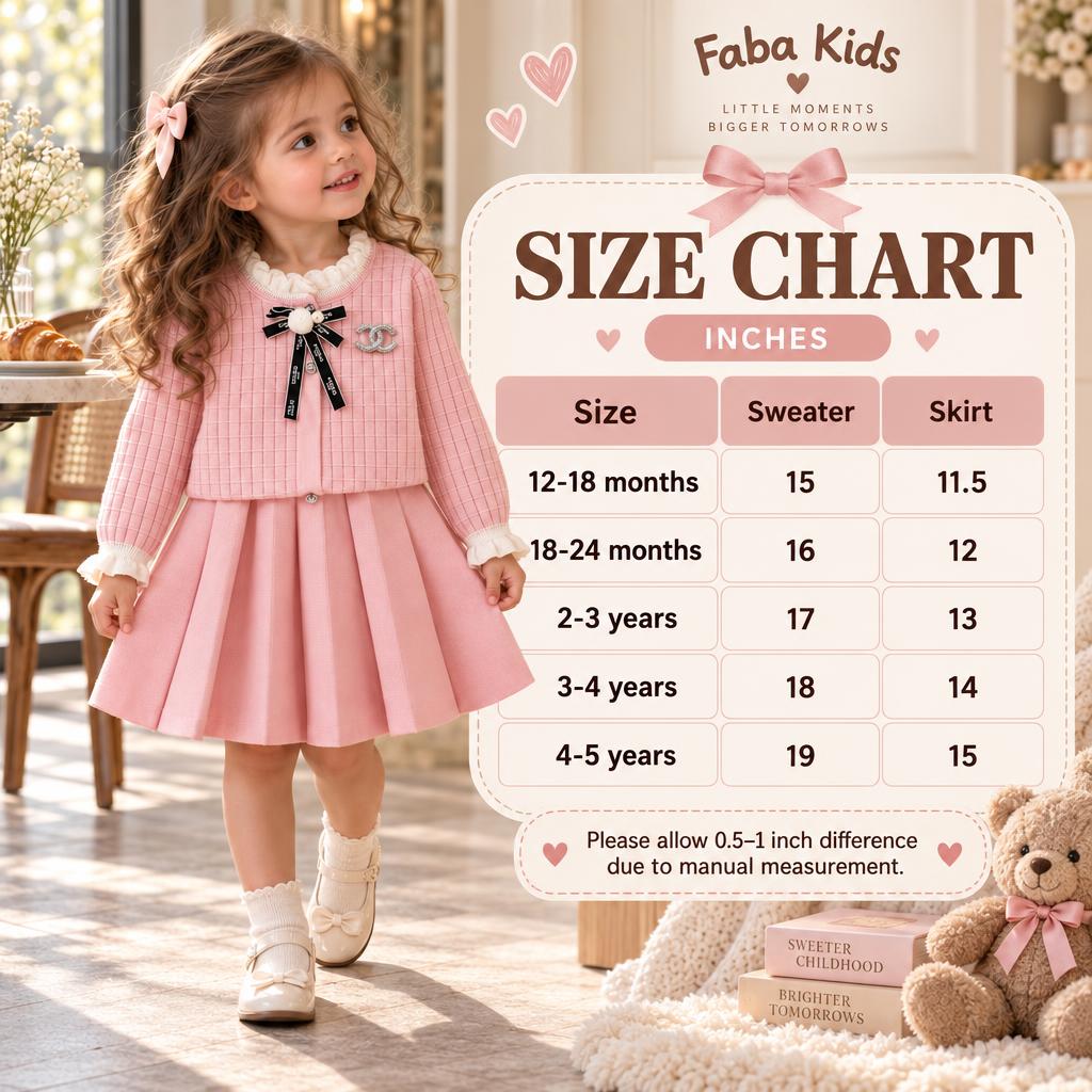 Size chart for girls sweater and skirt set showing 12-18 months through 4-5 years measurements in inches.