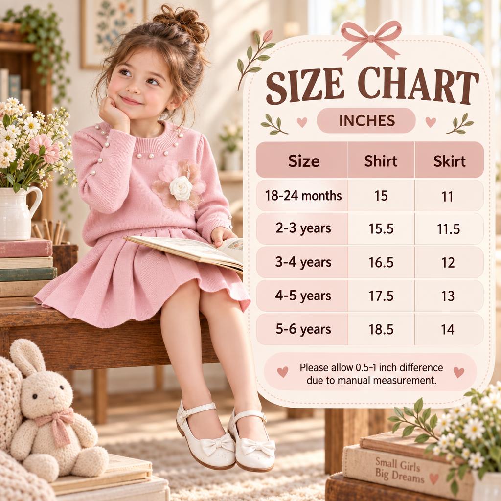 Size chart for girls shirt and skirt set showing shirt and skirt measurements for 18-24 months through 5-6 years in inches.