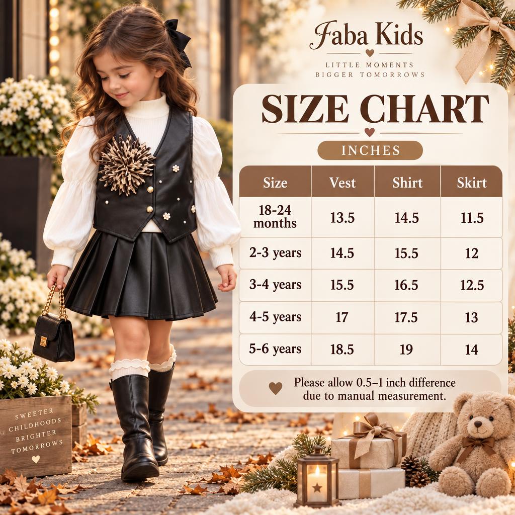 Faba Kids size chart for girls leather vest, shirt and skirt set in sizes 18-24 months to 5-6 years, with vest, shirt and skirt measurements in inches.