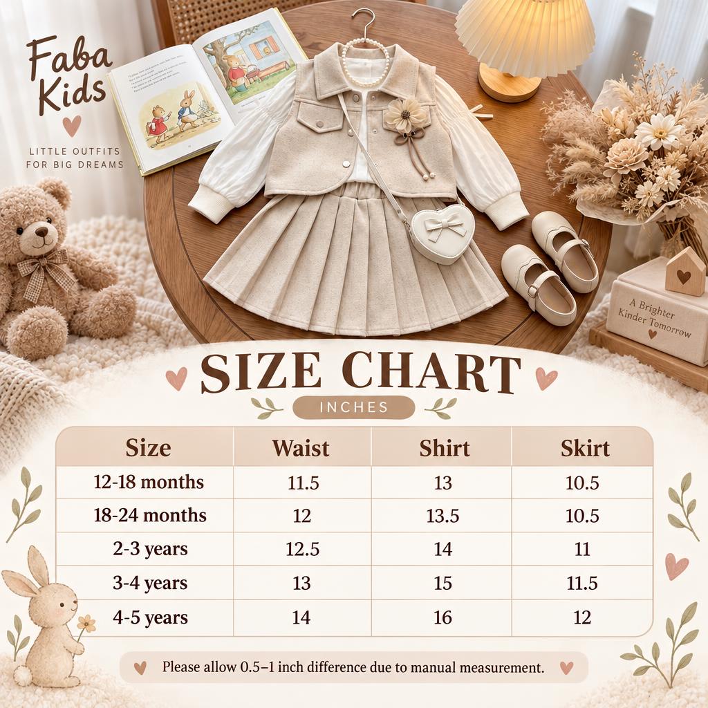 Faba Kids girls waistcoat, shirt and pleated skirt 3PC set size chart in inches for 12-18 months through 4-5 years.