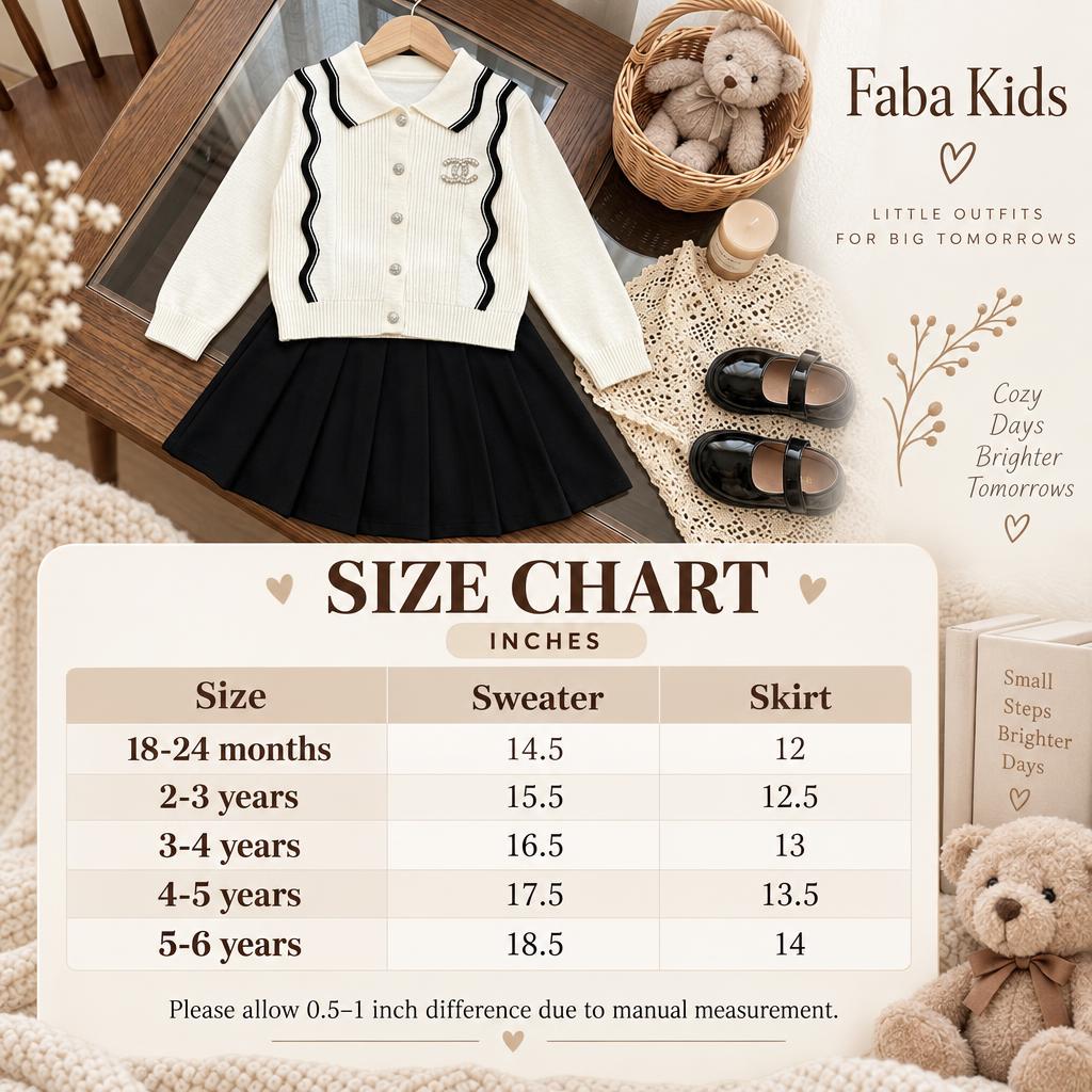 Faba Kids size chart for girls sweater and pleated skirt 2pc set, showing sweater and skirt measurements in inches for 18-24 months through 5-6 years.