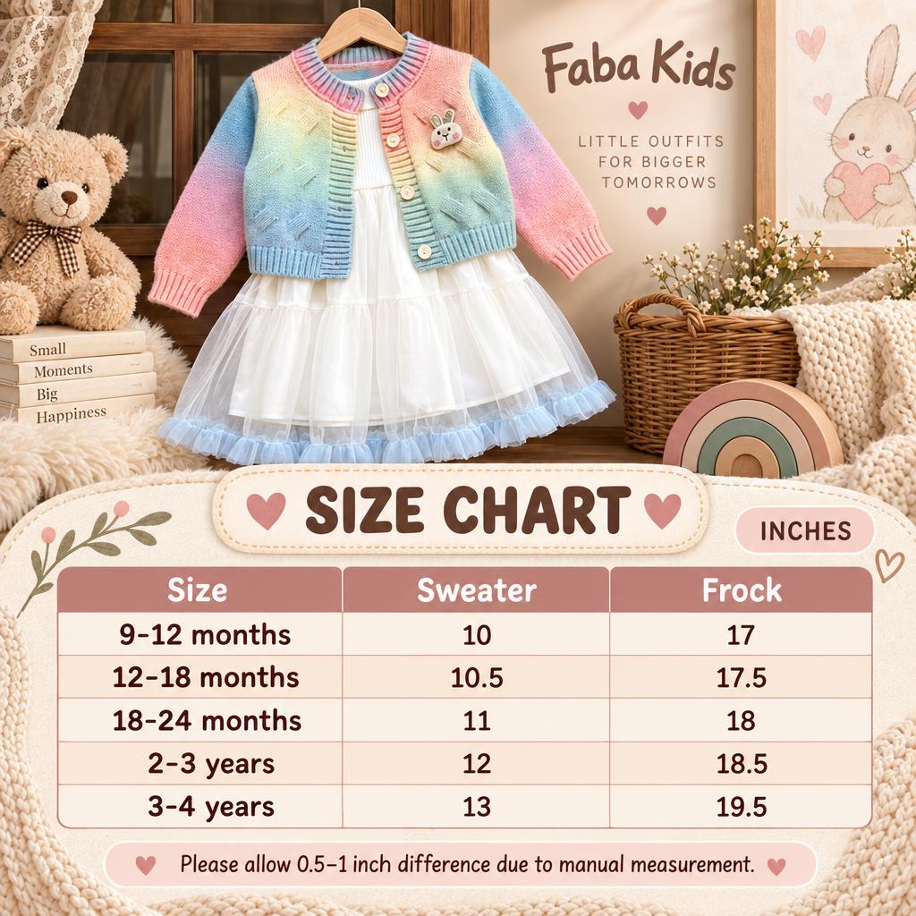 Faba Kids size chart for girls bunny knit sweater and tulle frock 2pc set, showing 9-12 months through 3-4 years measurements in inches.