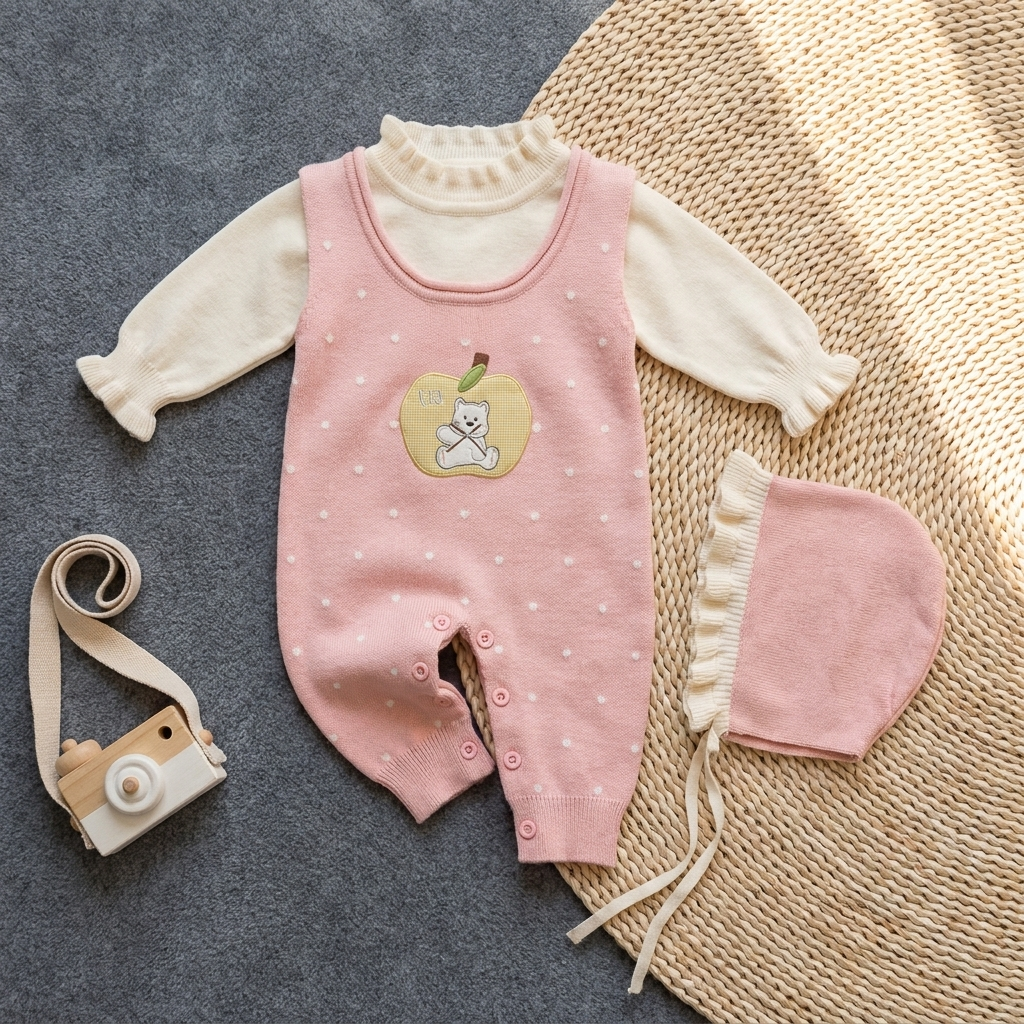 Pink 3pc apple dungaree set flat lay - Faba Kids
