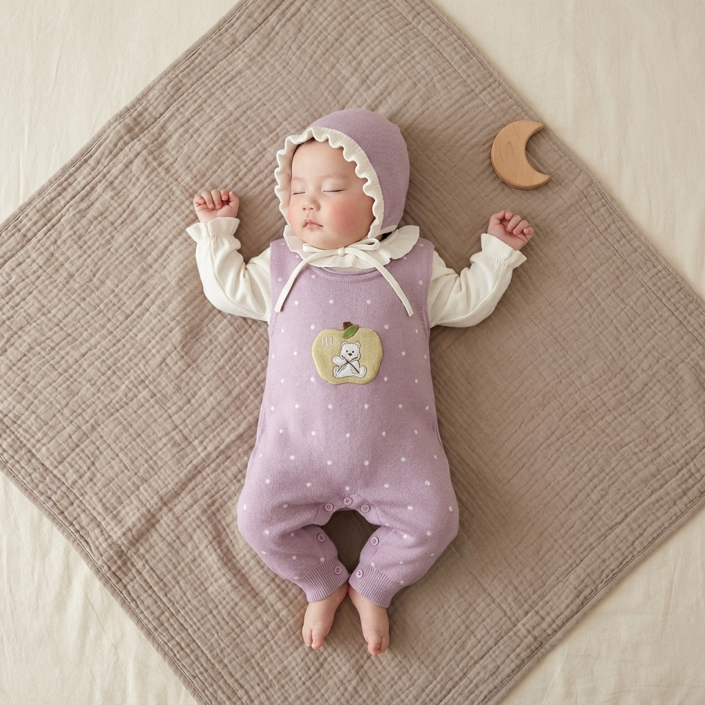 Purple 3pc apple dungaree set for baby girls - Faba Kids