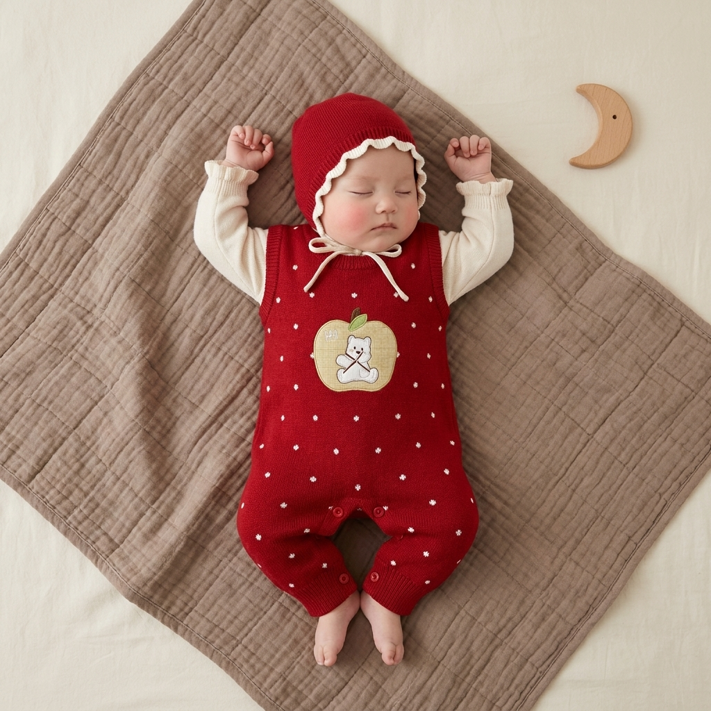 Red 3pc apple dungaree set for baby girls - Faba Kids