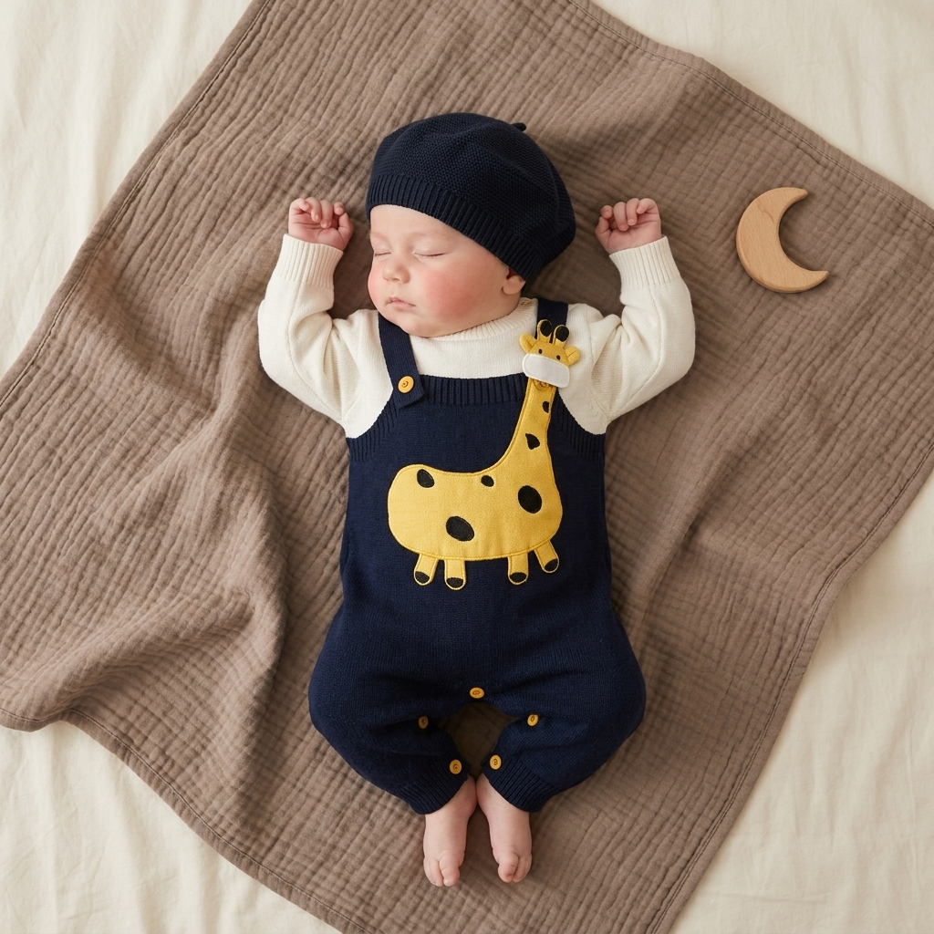 Blue 2pc giraffe romper and cap set for baby boys - Faba Kids