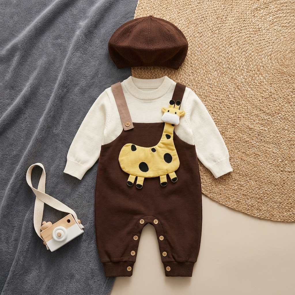 Brown 2pc giraffe romper and cap set flat lay - Faba Kids