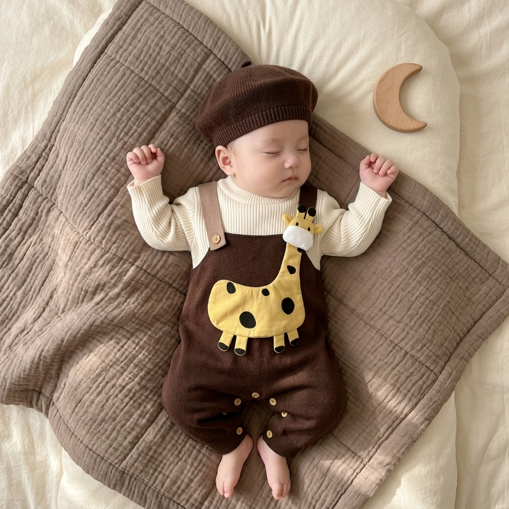 Brown 2pc giraffe romper and cap set for baby boys - Faba Kids