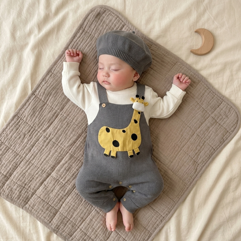 Grey 2pc giraffe romper and cap set for baby boys - Faba Kids