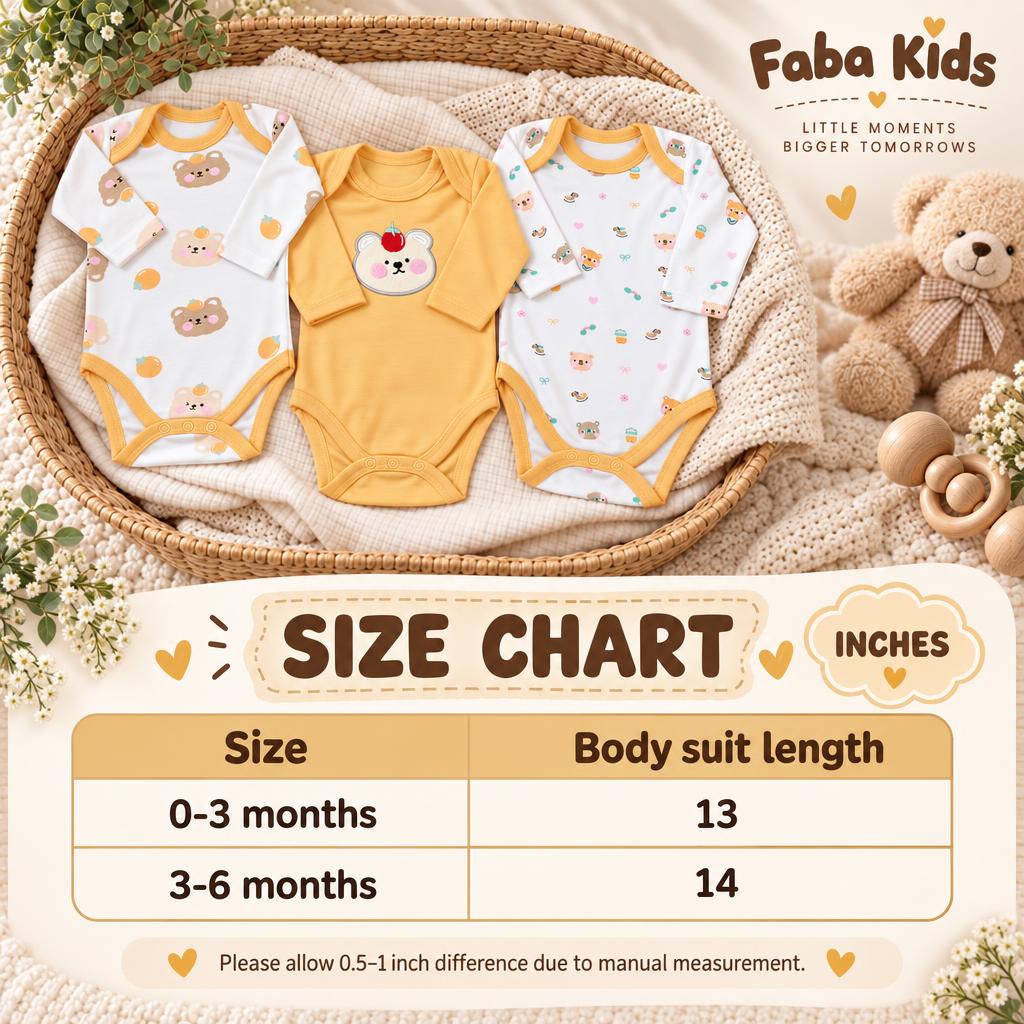 Size chart for the Orange animal print long-sleeve baby bodysuit pack of 3, showing body suit lengths of 13 inches for 0-3 months and 14 inches for 3-6 months.