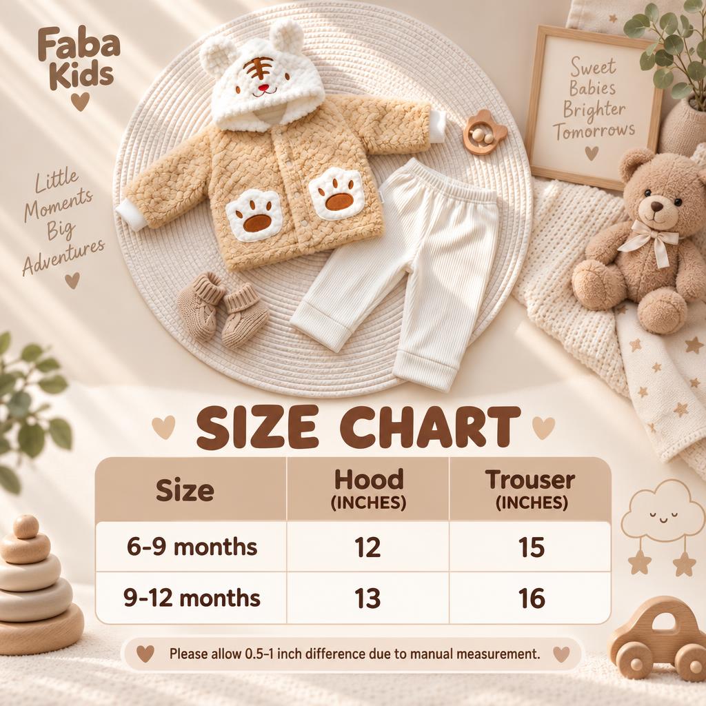 Faba Kids size chart for the baby tiger hooded shirt and trouser set, showing 6-9 months and 9-12 months hood and trouser measurements in inches.