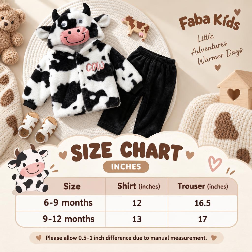 Baby cow hooded shaggy jacket and Black trouser 2pc suit size chart showing 6-9 months and 9-12 months measurements in inches.