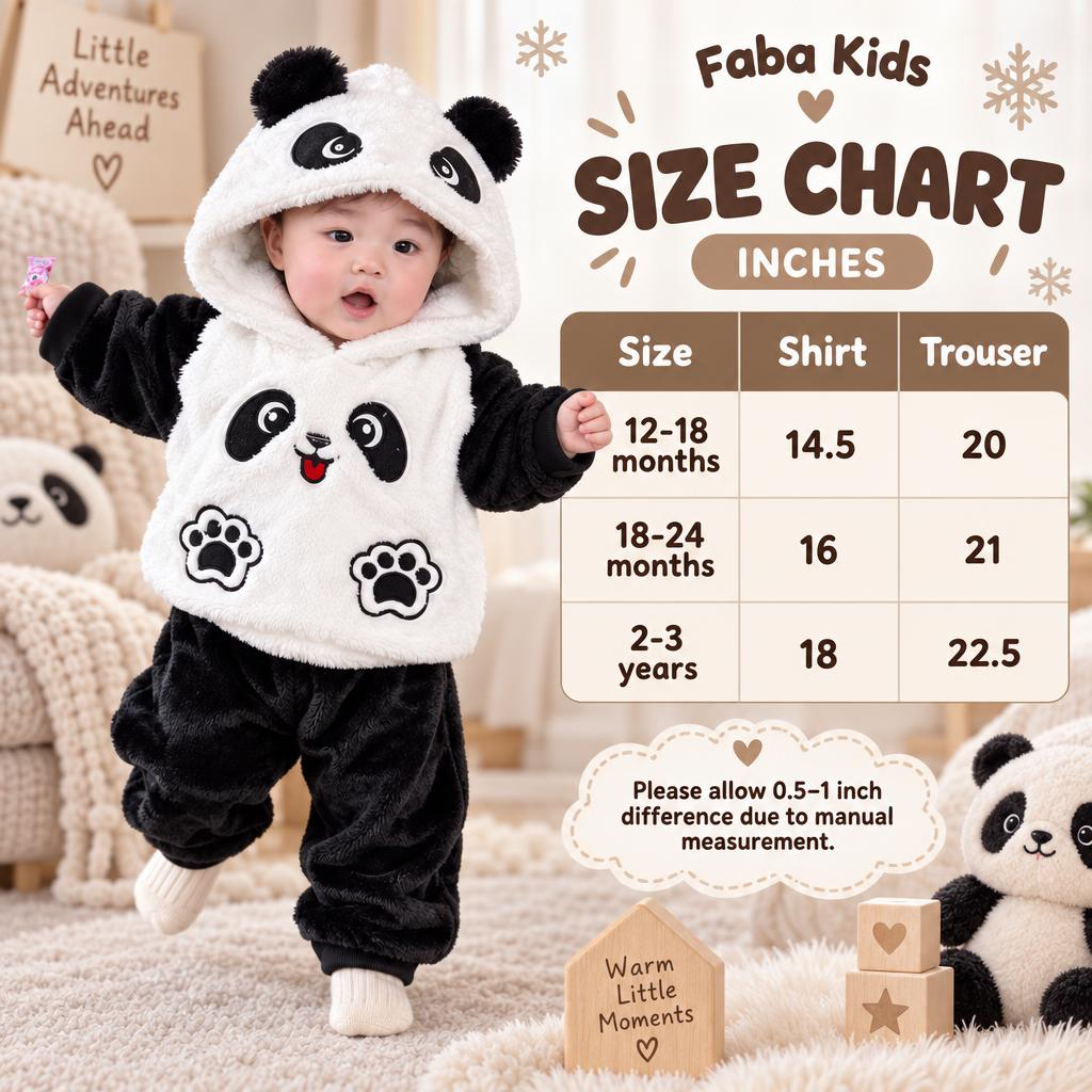 Faba Kids size chart for the panda shaggy hoodie and trouser 2pc suit, showing 12-18 months, 18-24 months and 2-3 years measurements in inches.