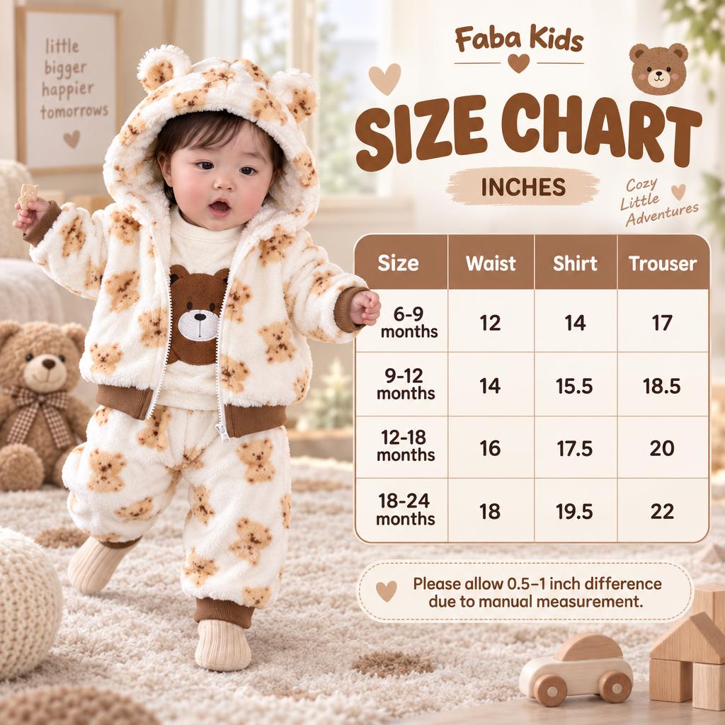 Faba Kids size chart for the teddy print shaggy 3pc suit, showing waist, shirt and trouser measurements for 6-9 to 18-24 months.