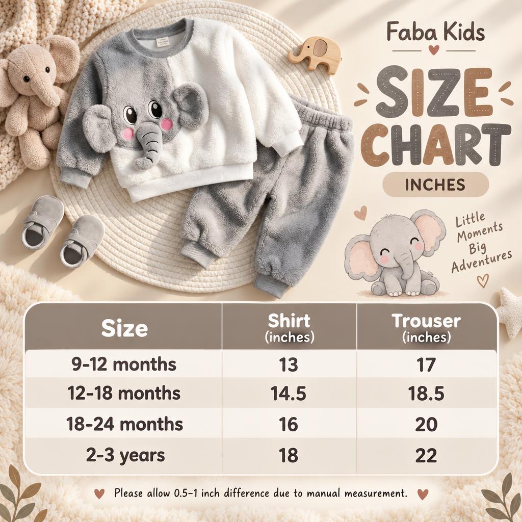 Faba Kids size chart for the Grey elephant face shaggy shirt and trouser 2PC suit, showing 9-12 months through 2-3 years sizes in inches.