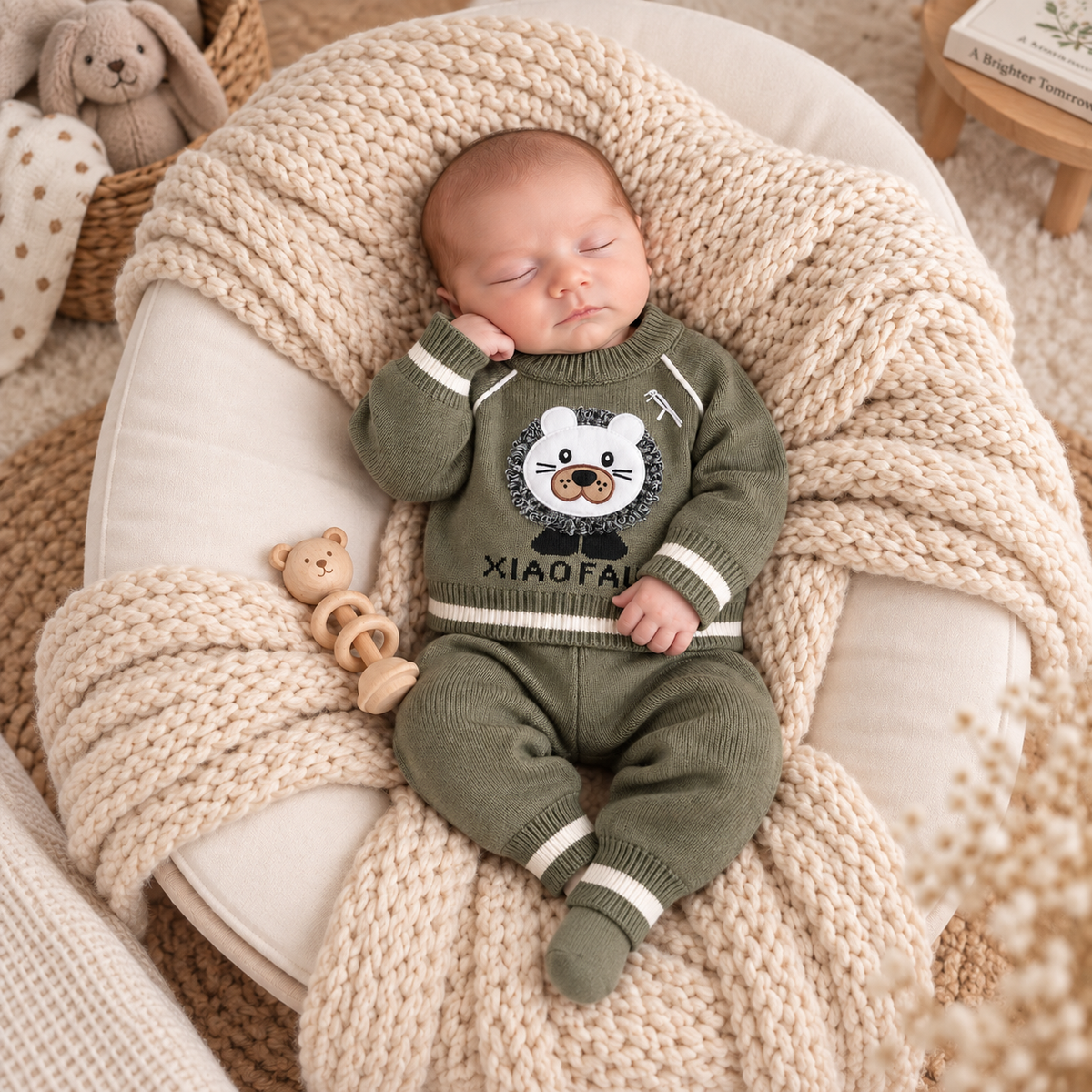 Olive green 2pc knitted baby set for boys - Faba Kids