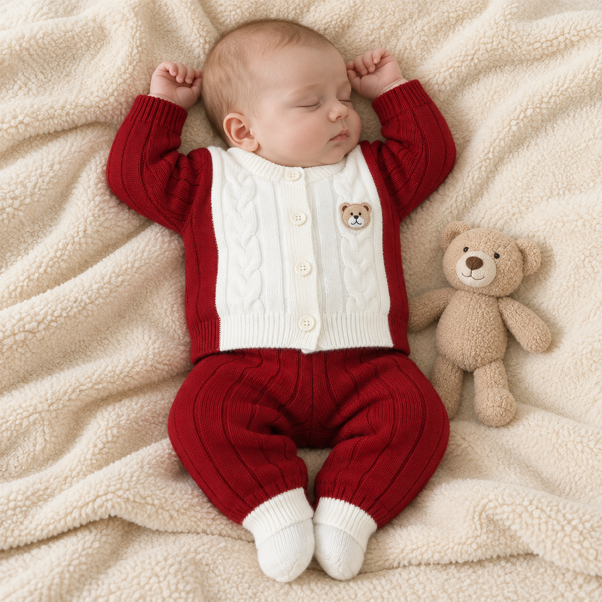 Red 2pc knitted shirt and trouser set for baby boys - Faba Kids