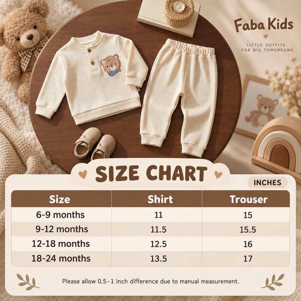 Faba Kids size chart for the bear-patch textured shirt and trouser two-piece suit, covering 6-9 months through 18-24 months in inches.