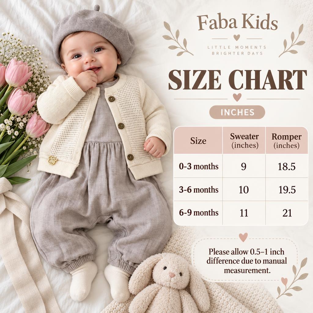 Faba Kids size chart for the baby Grey romper and Cream sweater 2pc set, showing 0-3, 3-6 and 6-9 month measurements in inches.