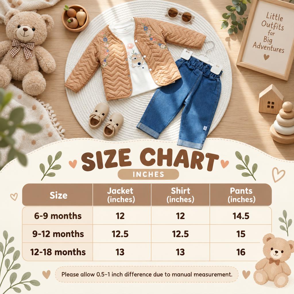 Size chart for baby floral quilted jacket, shirt and denim pant 3PC set showing 6-9, 9-12 and 12-18 months measurements in inches.