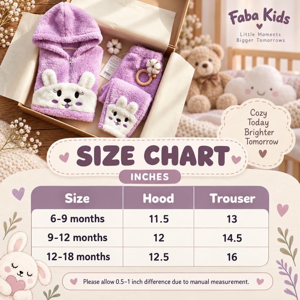 Faba Kids size chart for the Purple bunny hooded shaggy jacket and trouser suit, showing 6-9 months, 9-12 months and 12-18 months measurements in inches.