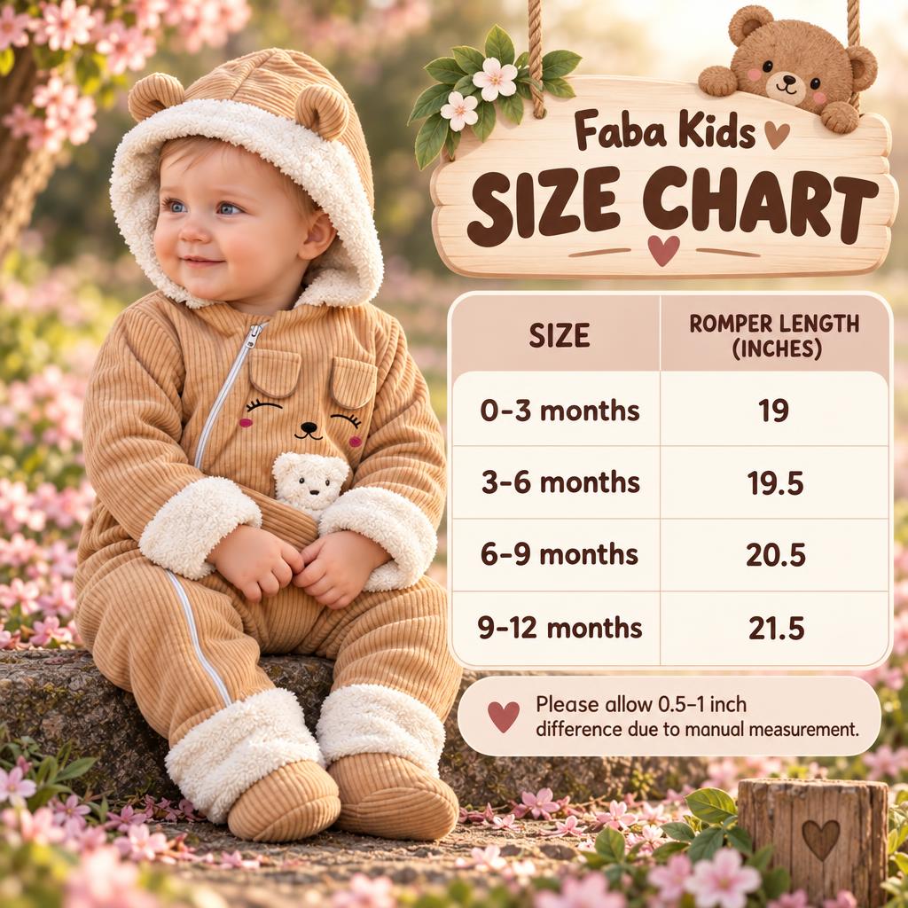 Faba Kids size chart for the baby bear hooded corduroy romper, covering 0-3 to 9-12 months with romper lengths from 19 to 21.5 inches.