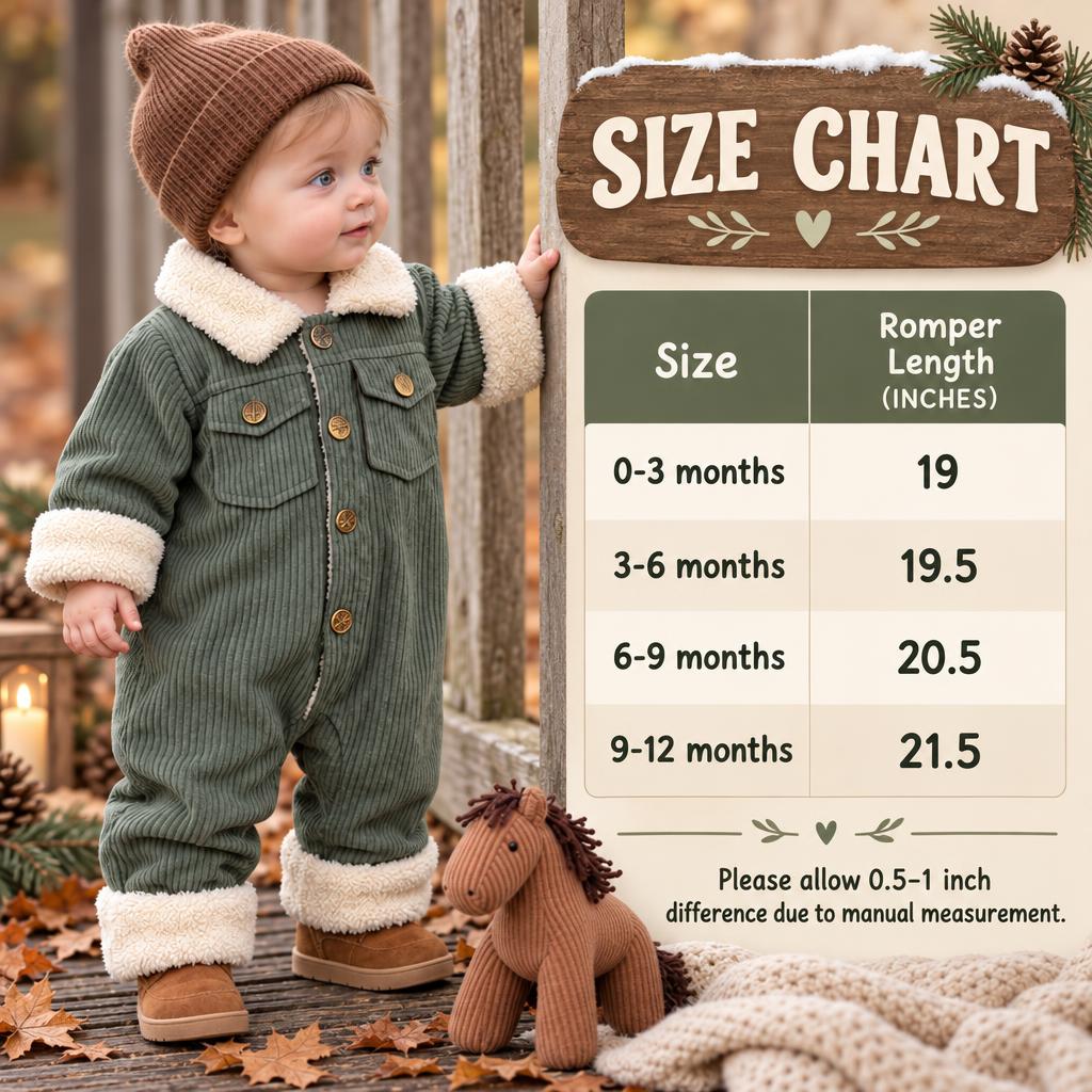Size chart for the baby sherpa trim corduroy romper showing 0-3, 3-6, 6-9 and 9-12 month sizes with romper lengths from 19 to 21.5 inches.