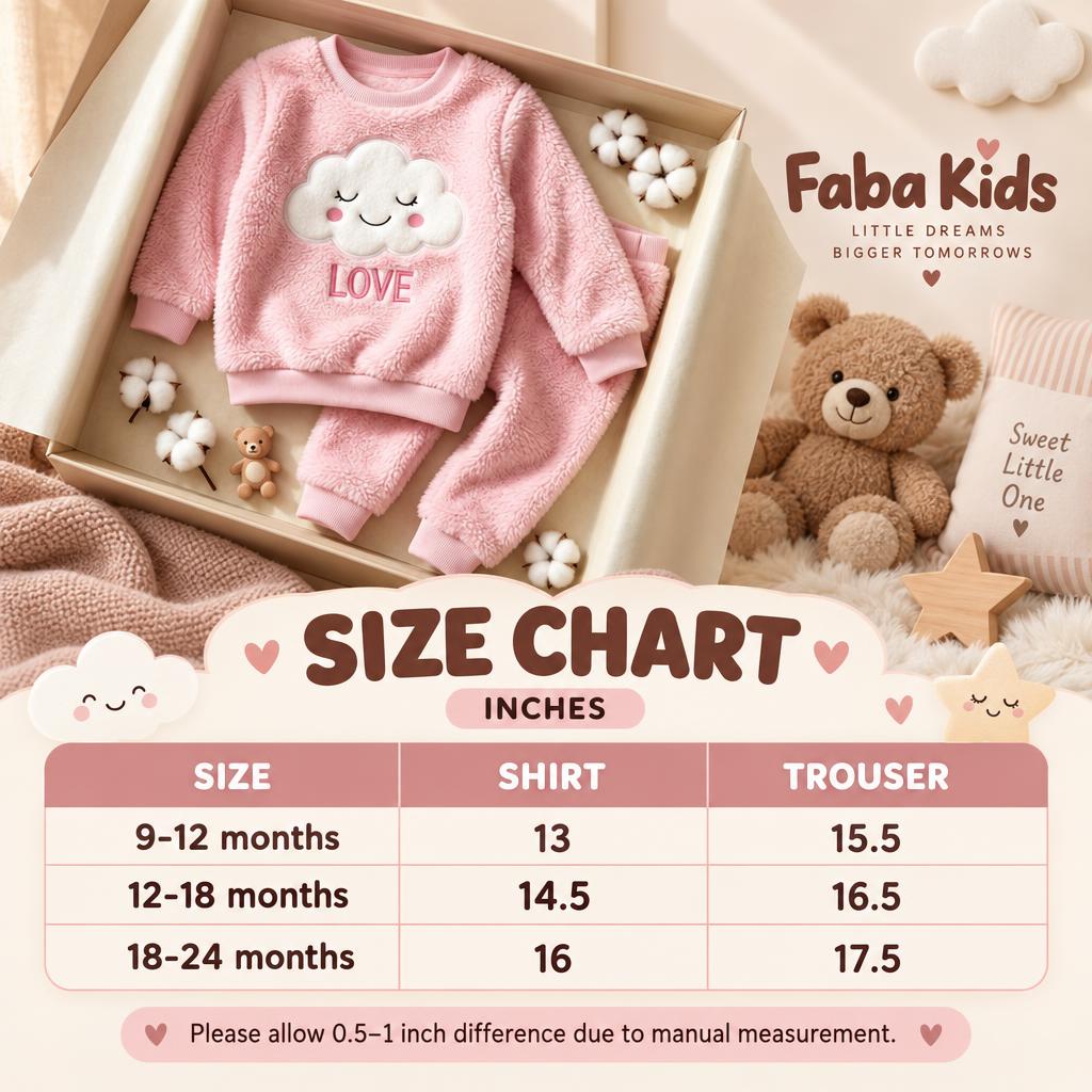 Faba Kids size chart for the Pink cloud shaggy night suit, listing shirt and trouser measurements for 9-12, 12-18 and 18-24 months.