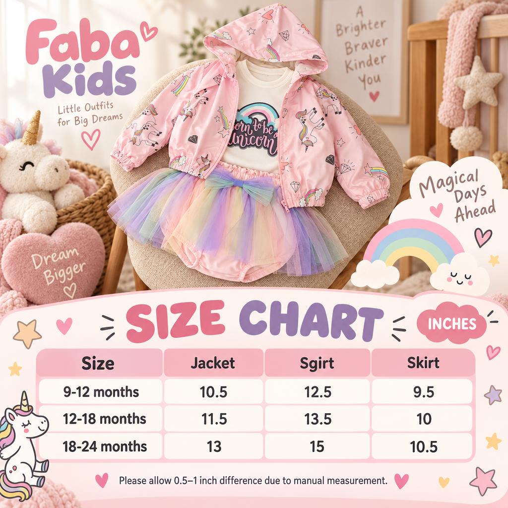 Faba Kids size chart for the baby unicorn hooded jacket, bodysuit and tulle skirt 3-piece set in 9-12, 12-18 and 18-24 months.