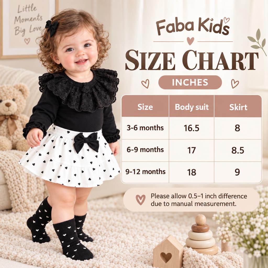 Faba Kids size chart for the heart lace bodysuit and skirt set, showing 3-6, 6-9 and 9-12 month measurements in inches.