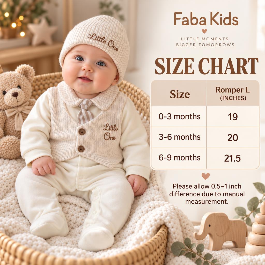 Faba Kids size chart for the Cream baby Little One romper and cap 2pc set, showing romper lengths for 0-3, 3-6 and 6-9 months.
