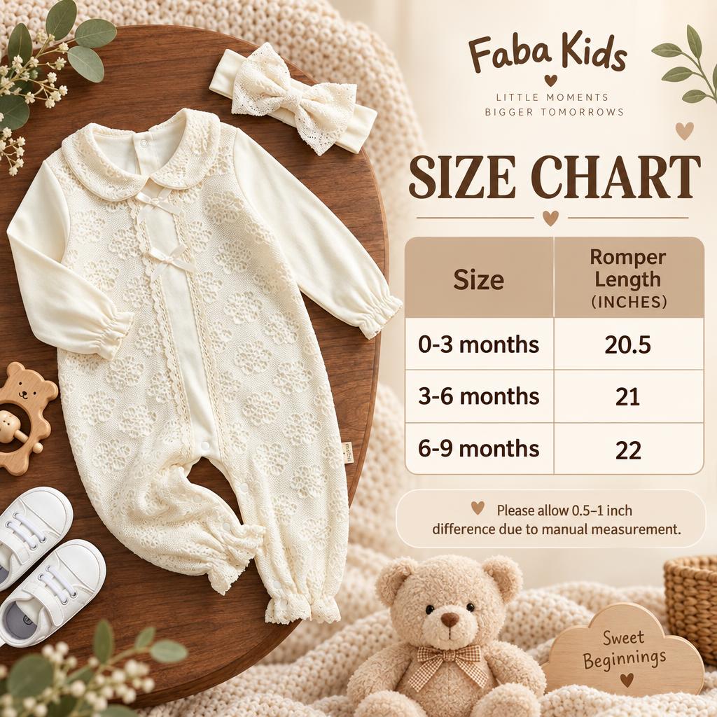 Faba Kids size chart beside the Cream floral romper and bow headband, showing romper lengths for 0-3 months, 3-6 months and 6-9 months.