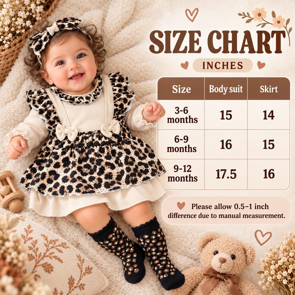 Size chart for the baby leopard bodysuit and skirt 4-piece set showing 3-6, 6-9 and 9-12 month measurements in inches.