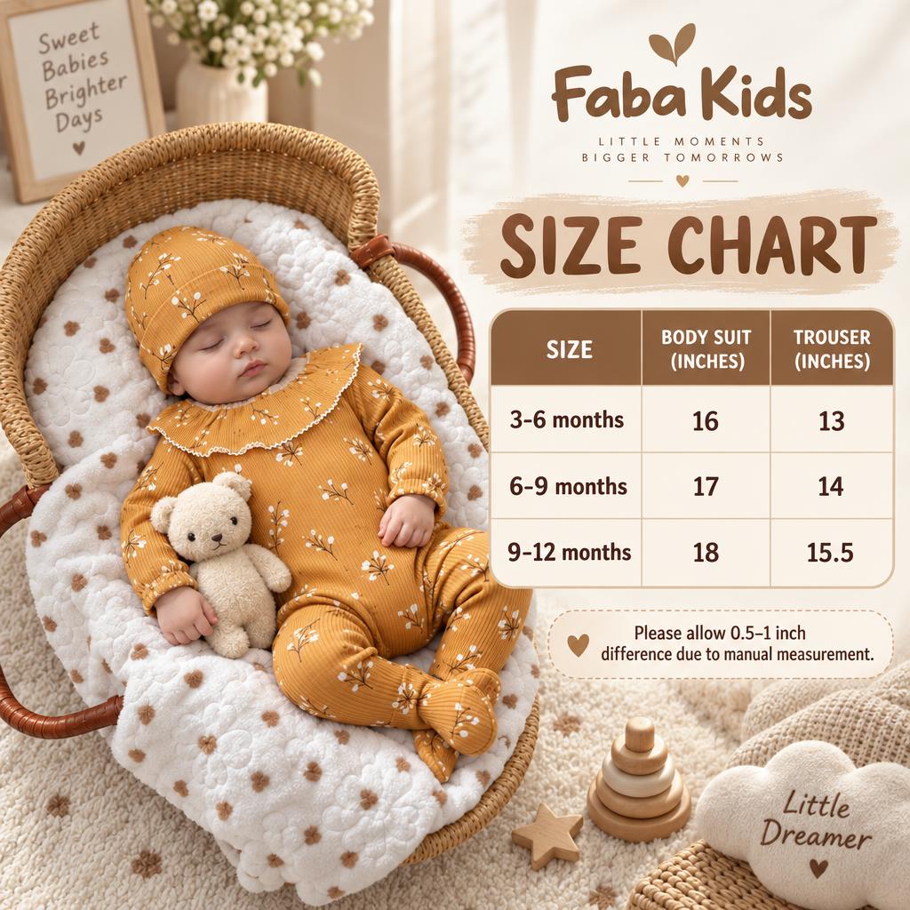 Faba Kids size chart for the Mustard floral bodysuit and trouser 3pc set, showing measurements for 3-6, 6-9 and 9-12 months.