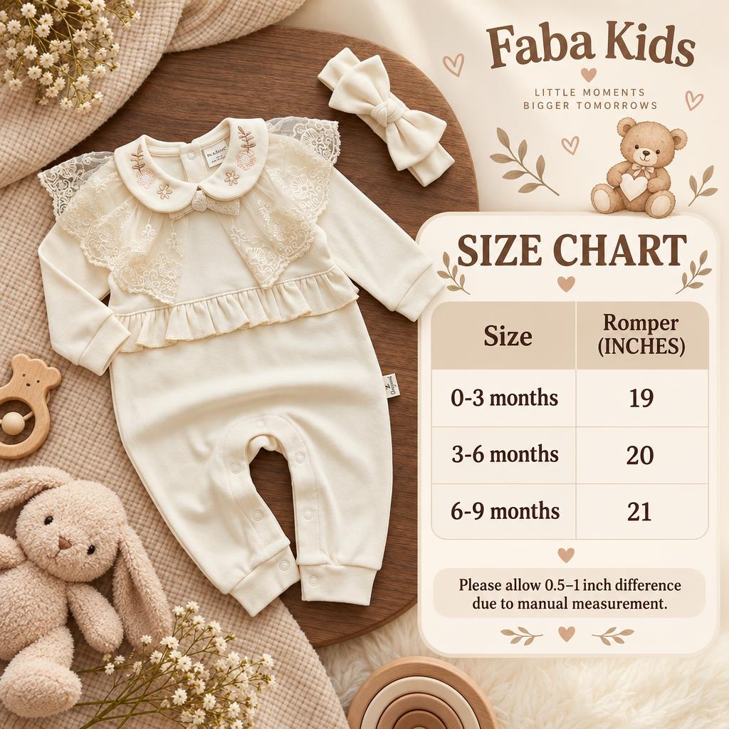 Faba Kids size chart beside the Cream lace collar baby romper and bow headband, showing romper lengths for 0-3, 3-6 and 6-9 months.