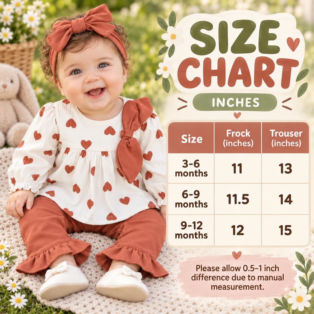 Size chart for the baby Brown heart print frock and trouser 3pc set, showing frock and trouser measurements for 3-6, 6-9 and 9-12 months.