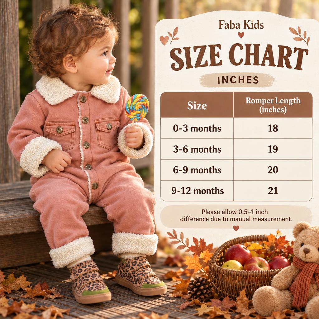 Faba Kids size chart for the baby sherpa collar denim romper, showing 0-3 to 9-12 month sizes and 18 to 21 inch romper lengths.