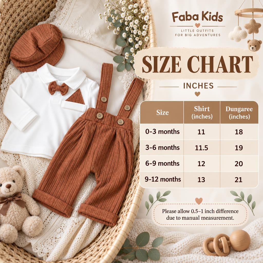 Faba Kids size chart for baby bow tie dungaree suit showing shirt and dungaree measurements for 0-3 to 9-12 months