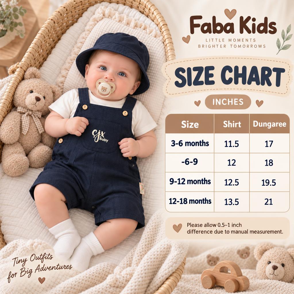 Size chart for the baby shirt and short dungaree set showing 3–6, 6–9, 9–12 and 12–18 month measurements in inches.
