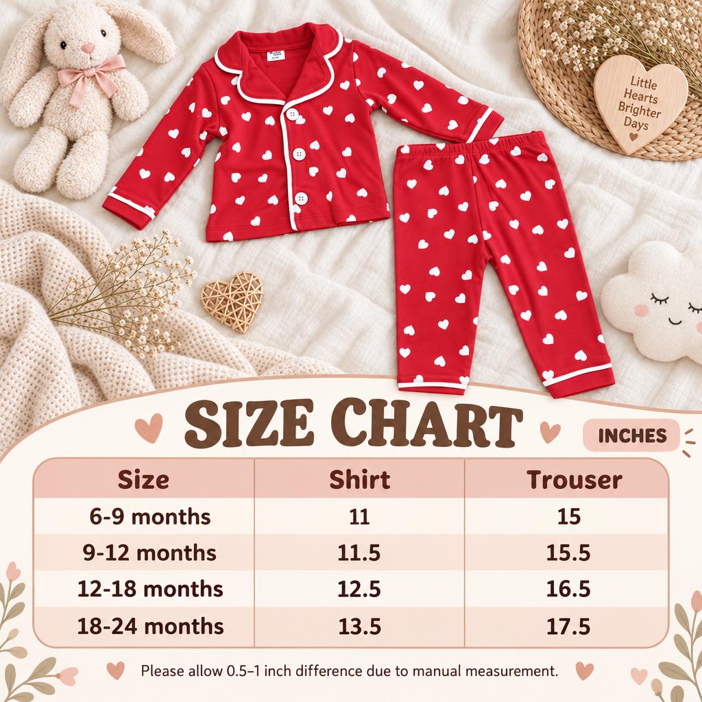 Red heart-print baby night suit size chart showing shirt and trouser measurements for 6–9, 9–12, 12–18 and 18–24 months in inches.