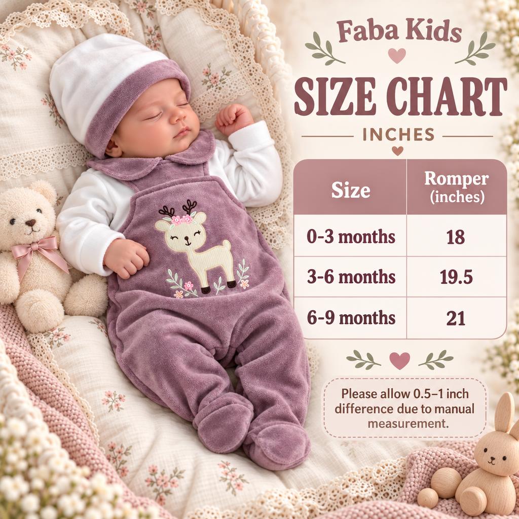 Faba Kids size chart beside Purple deer dungaree-style romper, showing romper lengths for 0-3, 3-6 and 6-9 months