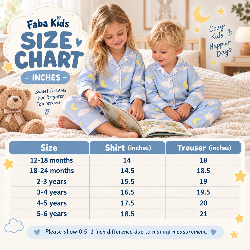 Faba Kids size chart for the 3-piece cotton night suit, showing shirt and trouser measurements for 12-18 months through 5-6 years.