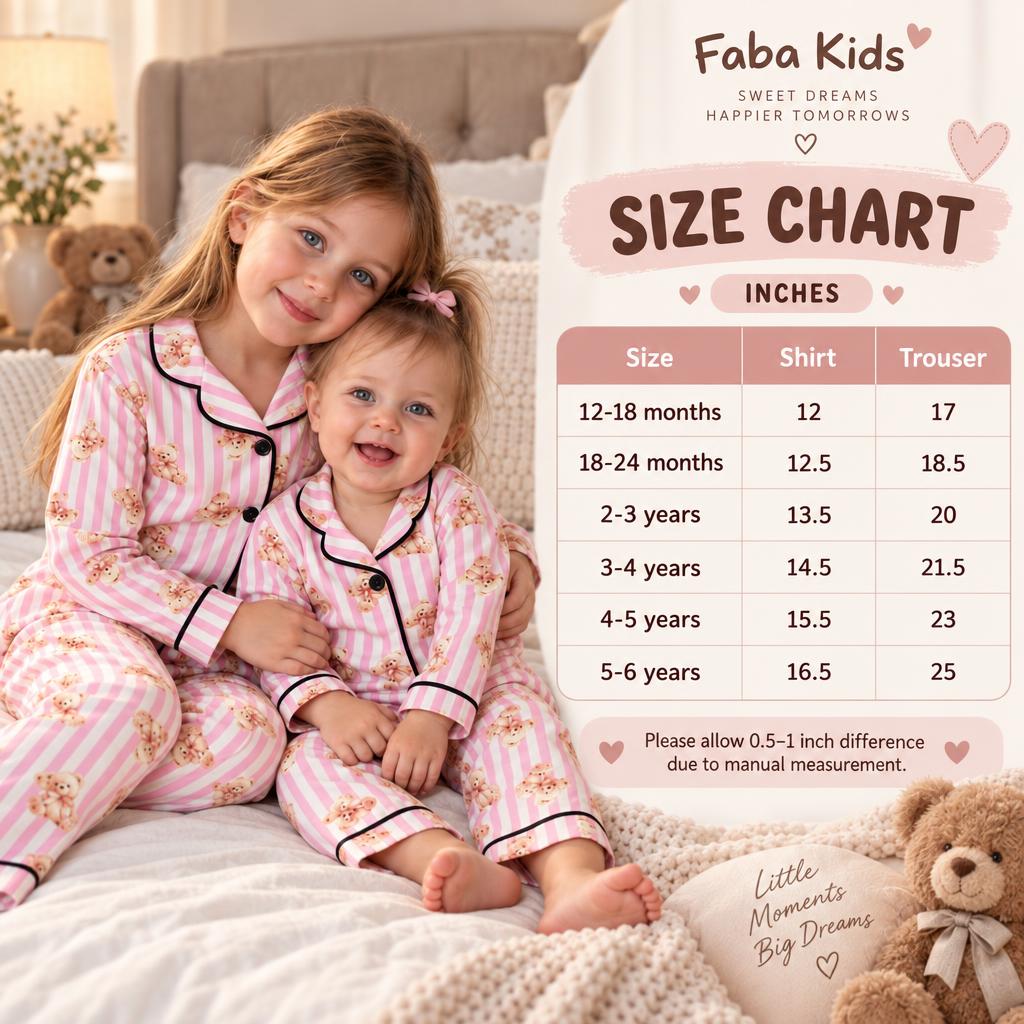 Pink teddy stripe piped night suit size chart showing shirt and trouser measurements for 12-18 months through 5-6 years.