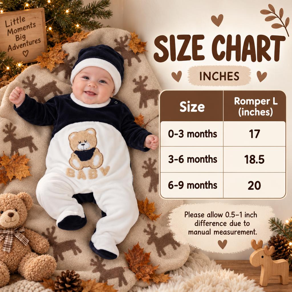Baby teddy velvet romper and cap size chart showing romper lengths for 0-3 months, 3-6 months and 6-9 months.