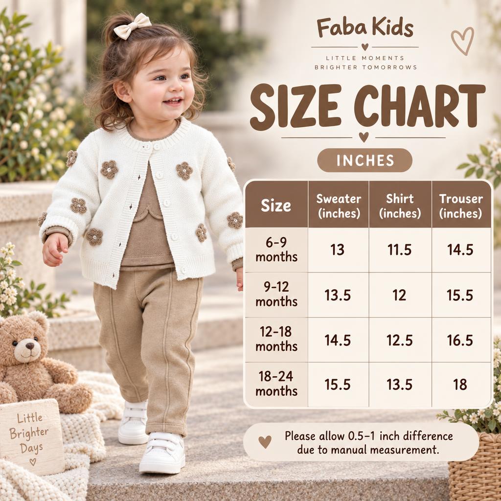 Faba Kids size chart for the baby floral cardigan sweater and trouser 3PC set, showing 6-9, 9-12, 12-18 and 18-24 month measurements in inches.
