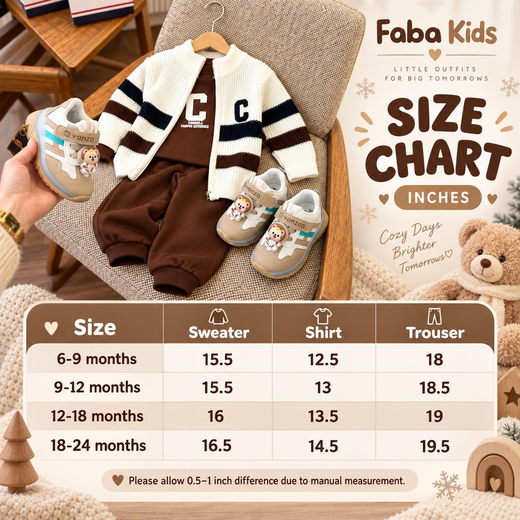 Faba Kids size chart for the baby three-piece sweater, shirt and trouser suit in 6-9, 9-12, 12-18 and 18-24 month sizes.