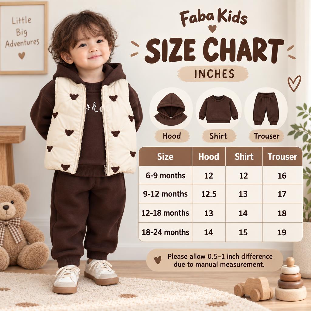 Faba Kids size chart for the bear padded waistcoat hooded suit, listing hood, shirt and trouser measurements for 6-9 to 18-24 months.