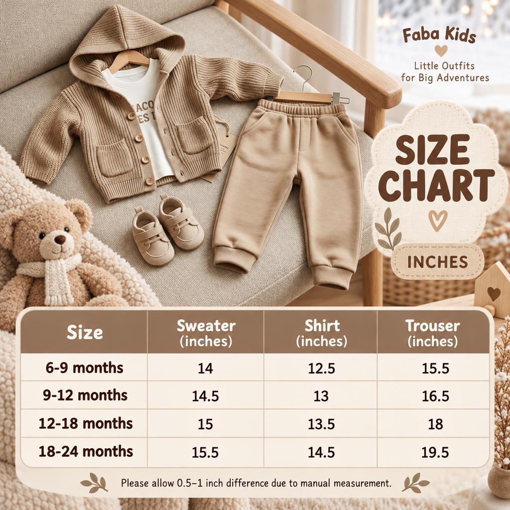 Faba Kids size chart for the baby hooded cardigan, shirt and trouser 3-piece sweater suit, showing sizes from 6-9 months to 18-24 months in inches.